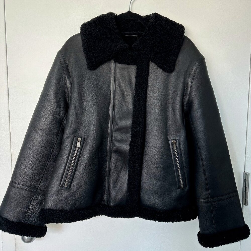 Theory Black Shearling Moto Jacket - Size M
